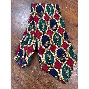 Tommy Hilfiger Tie Necktie Fishing Pattern Red Blue Green 100% Italian Silk